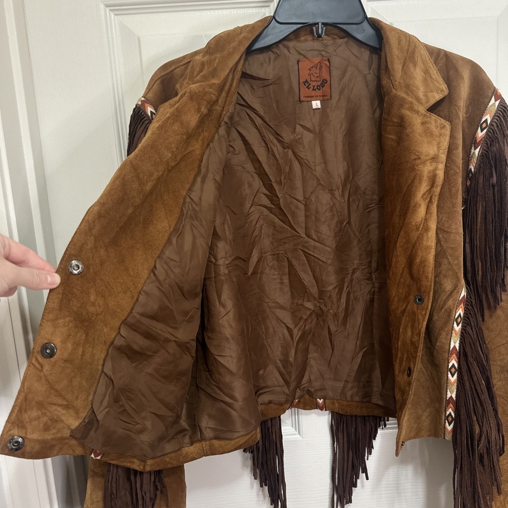 Western Fringe Leather Suede Jacket‎ Button Up Brown Aztec Design Sz Woman's L - Picture 8 of 15